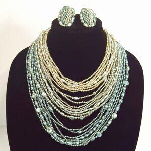 Vintage Japan Multistrand Faux Pearl Necklace & Clip-On Earrings Set Blue Gray